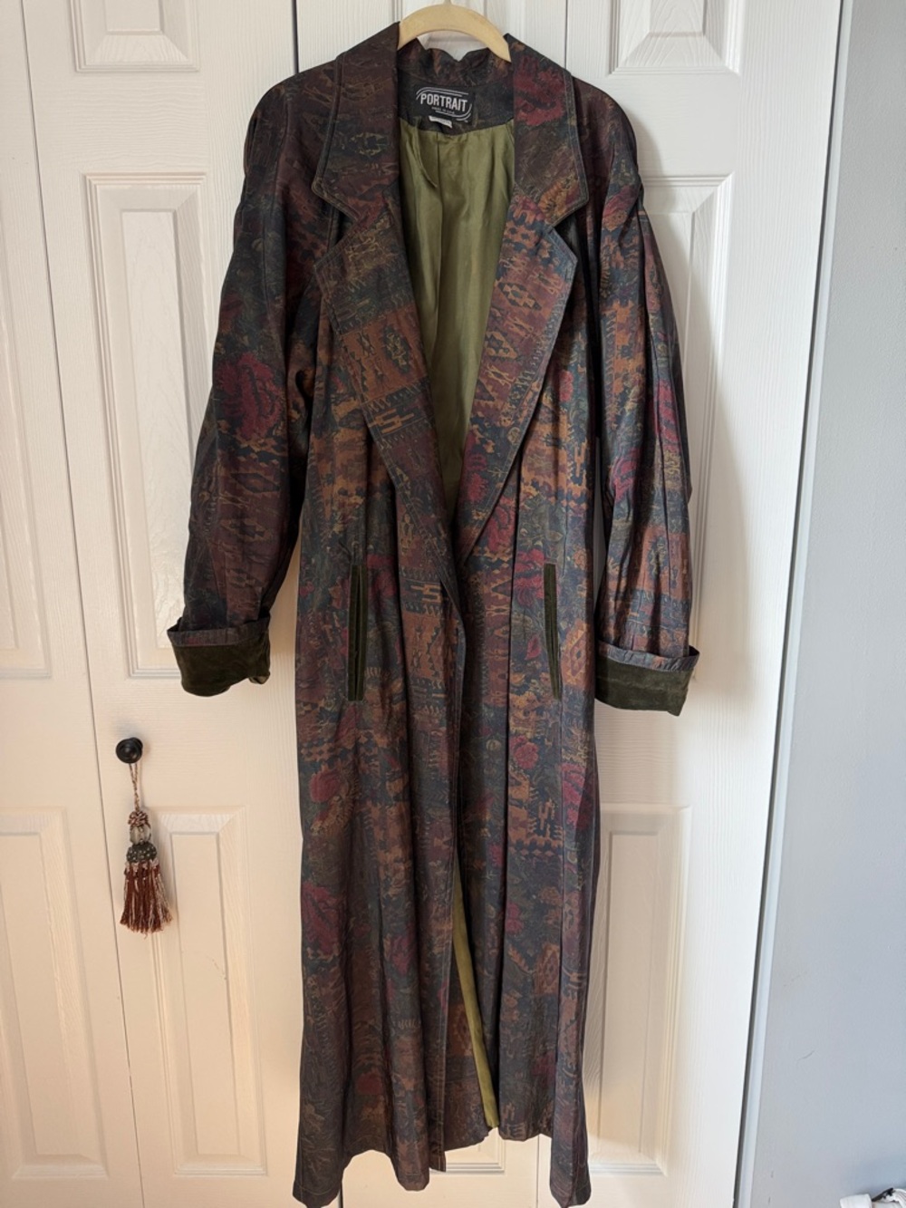 Portrait Long Patterned Trench Coat in Olive, Burgundy, Rust with Velvet Trim